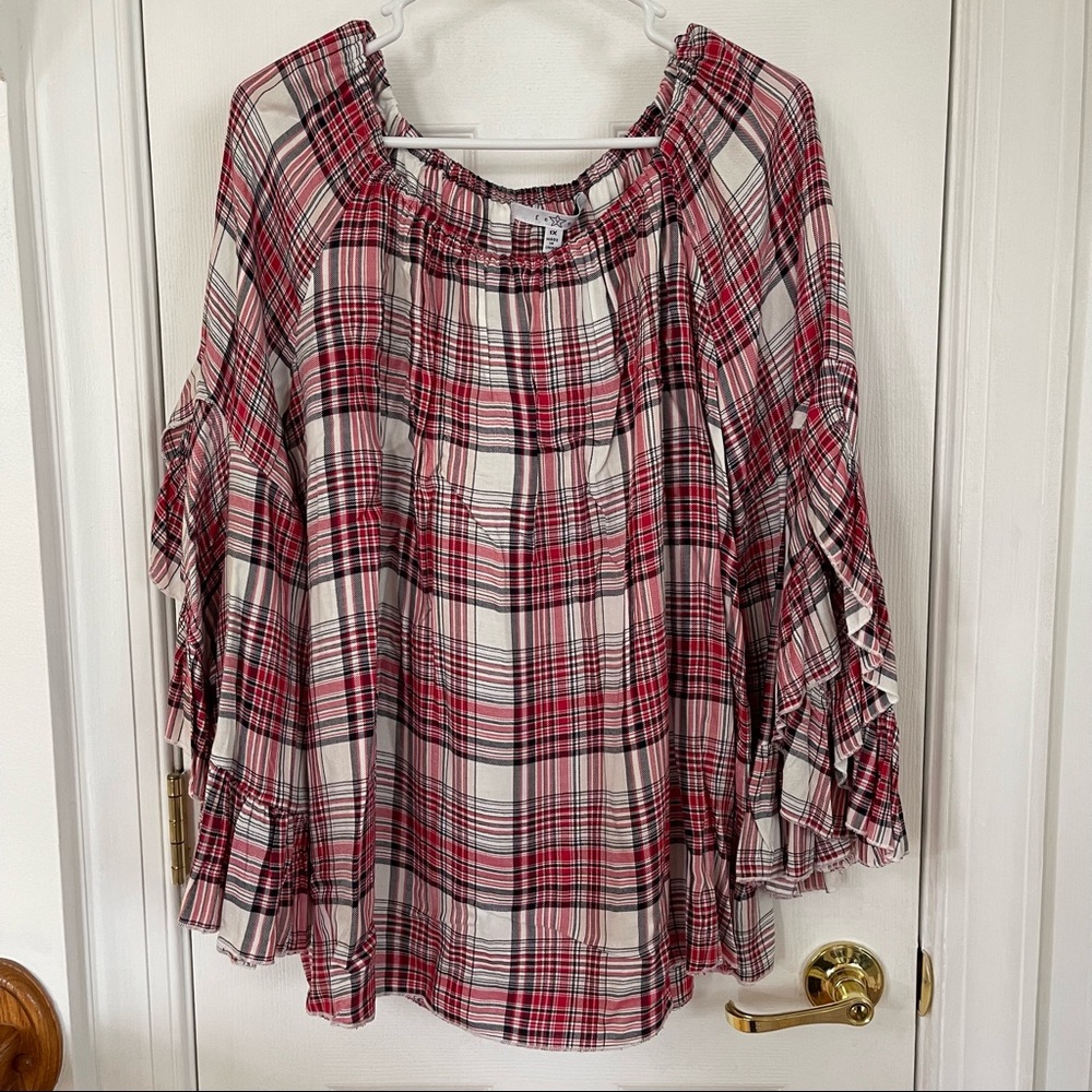 Fever 1X 3/4 Split Bell Sleeve Blouse Red and Black Plaid